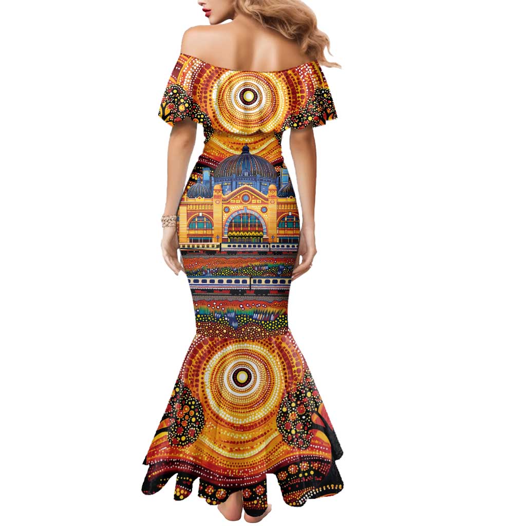 Australian Flinders Street Railway Station Mermaid Dress Aboriginal Dot Painting