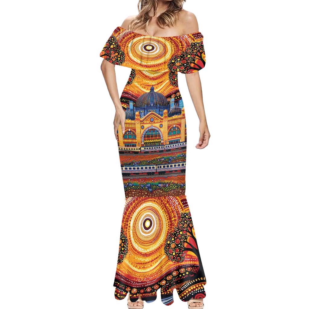 Australian Flinders Street Railway Station Mermaid Dress Aboriginal Dot Painting