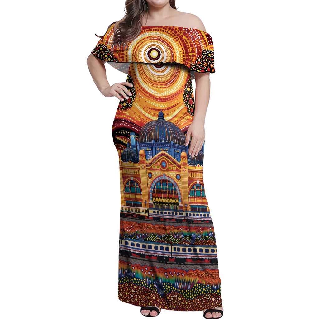 Australian Flinders Street Railway Station Off Shoulder Maxi Dress Aboriginal Dot Painting
