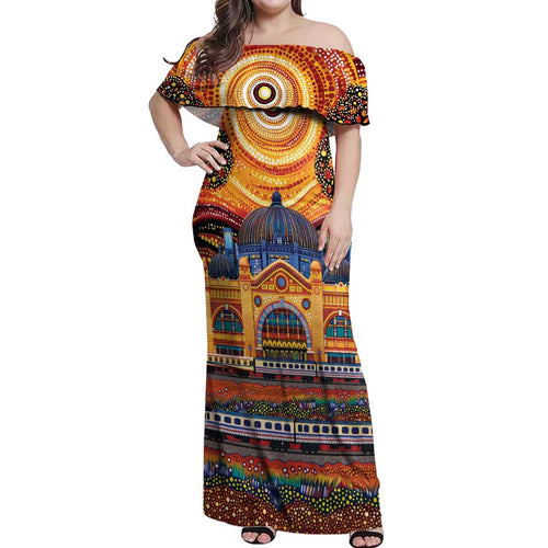 Australian Flinders Street Railway Station Off Shoulder Maxi Dress Aboriginal Dot Painting