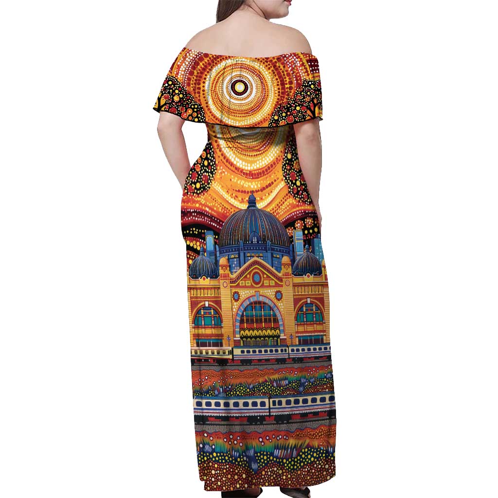 Australian Flinders Street Railway Station Off Shoulder Maxi Dress Aboriginal Dot Painting