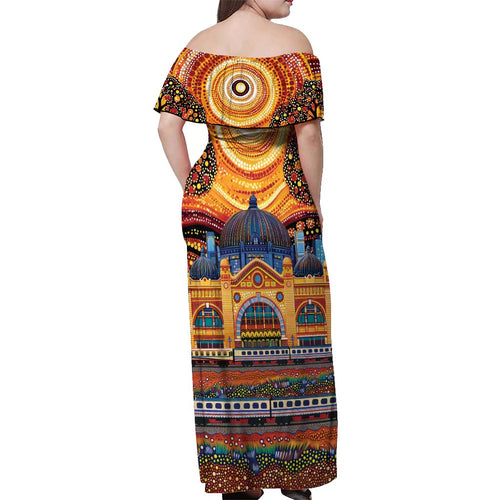 Australian Flinders Street Railway Station Off Shoulder Maxi Dress Aboriginal Dot Painting