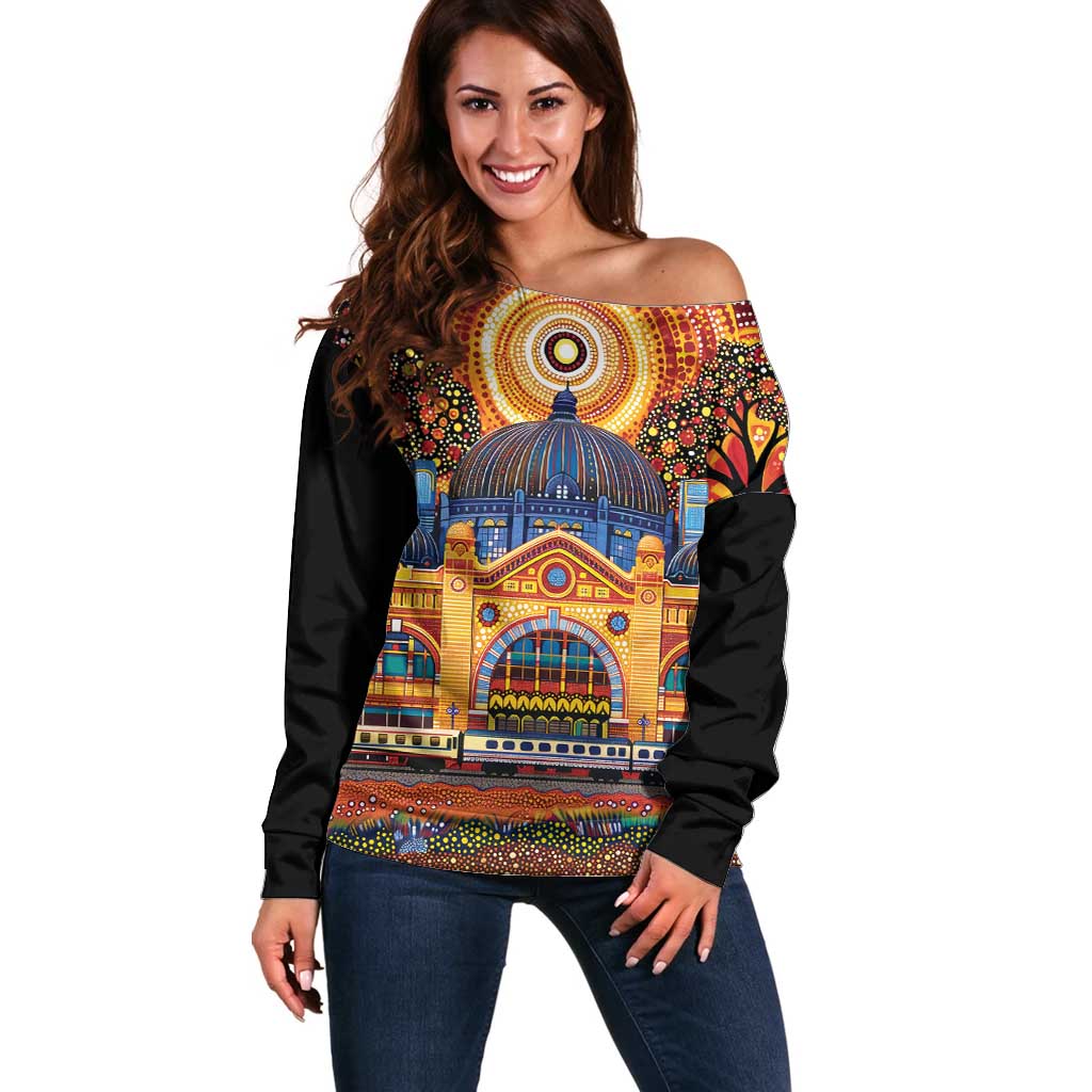 Australian Flinders Street Railway Station Off Shoulder Sweater Aboriginal Dot Painting