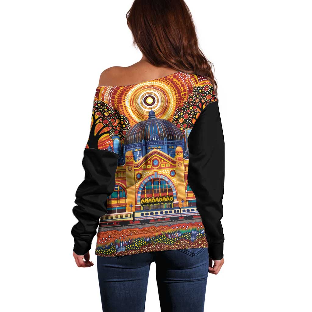 Australian Flinders Street Railway Station Off Shoulder Sweater Aboriginal Dot Painting