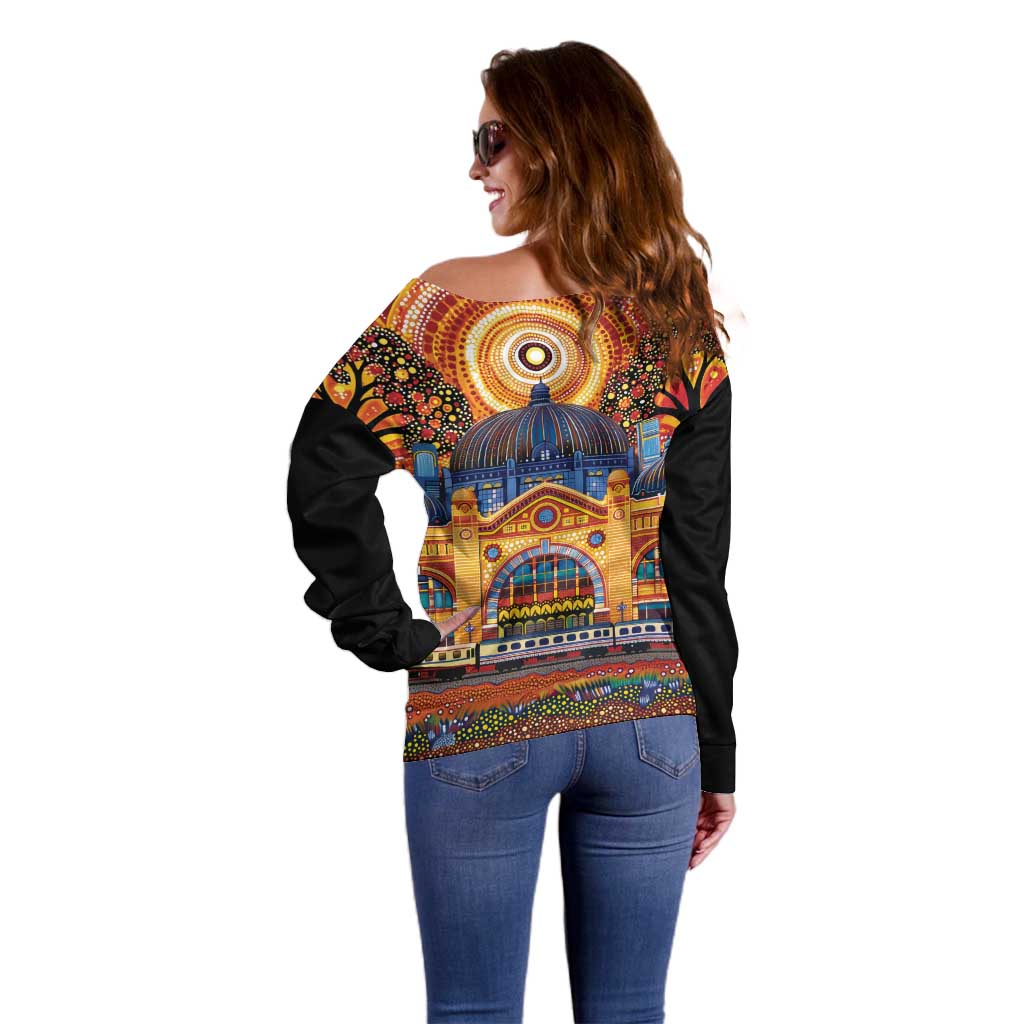 Australian Flinders Street Railway Station Off Shoulder Sweater Aboriginal Dot Painting