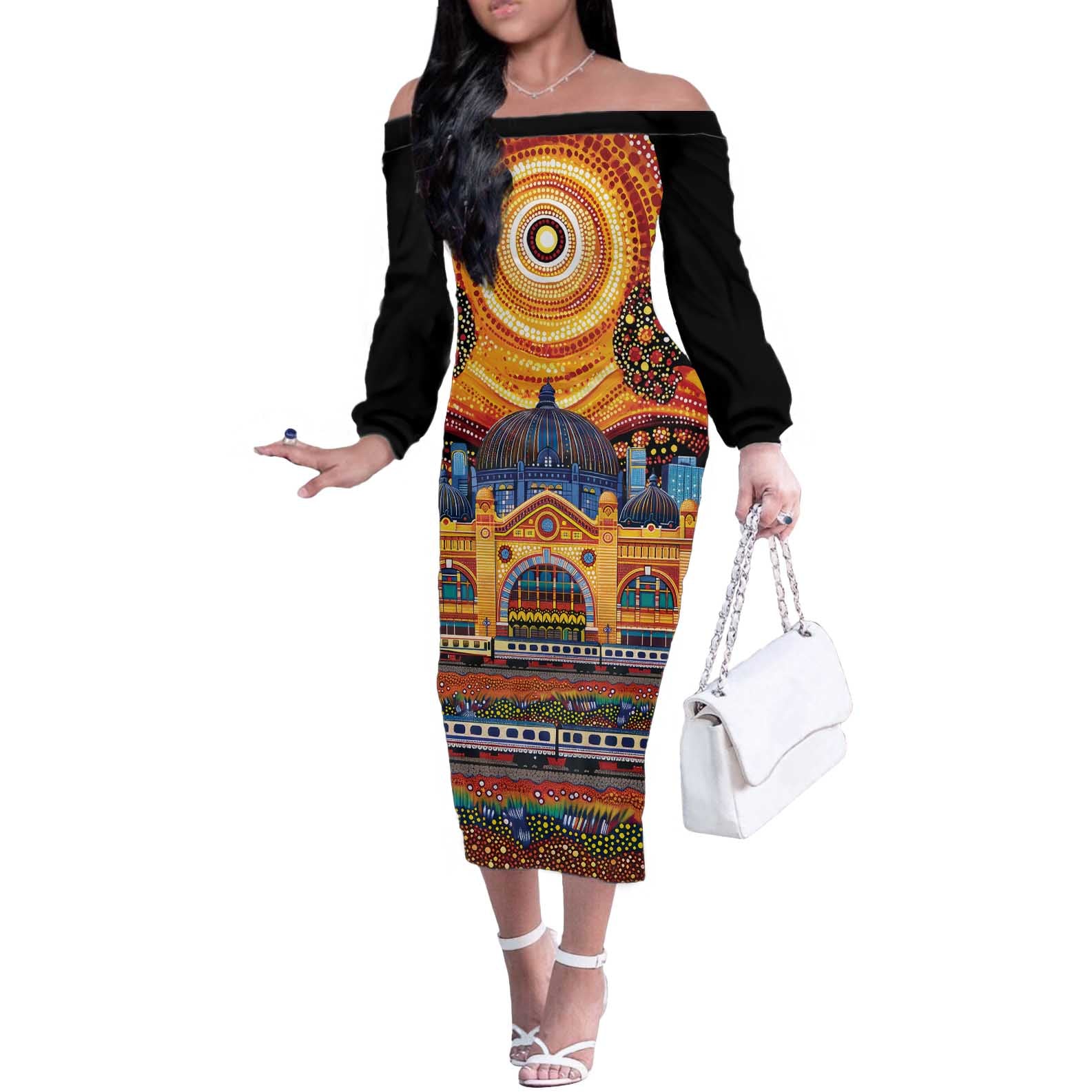 Australian Flinders Street Railway Station Off The Shoulder Long Sleeve Dress Aboriginal Dot Painting
