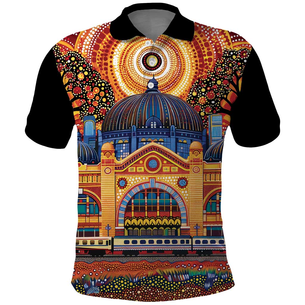 Australian Flinders Street Railway Station Polo Shirt Aboriginal Dot Painting