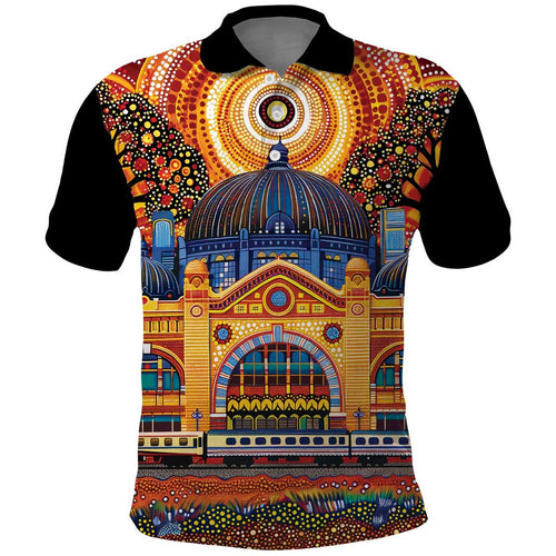 Australian Flinders Street Railway Station Polo Shirt Aboriginal Dot Painting