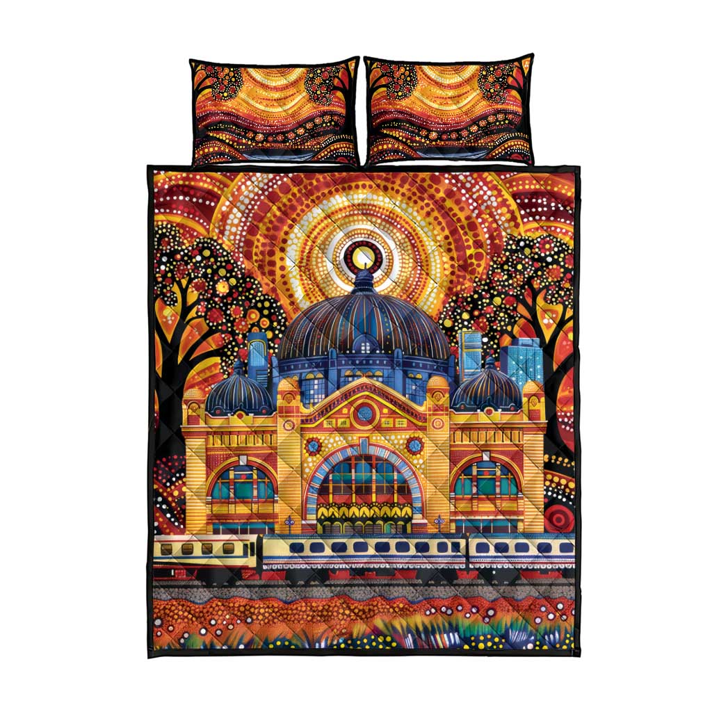 Australian Flinders Street Railway Station Quilt Bed Set Aboriginal Dot Painting