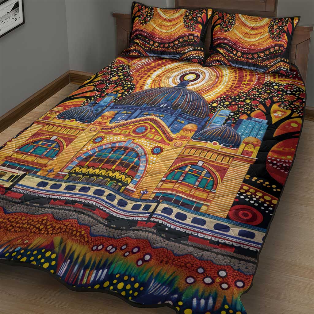 Australian Flinders Street Railway Station Quilt Bed Set Aboriginal Dot Painting