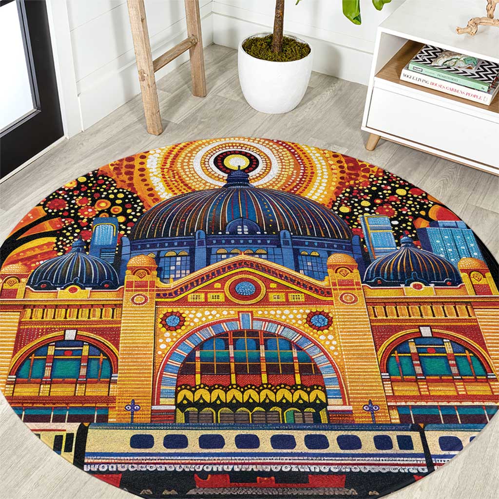 Australian Flinders Street Railway Station Round Carpet Aboriginal Dot Painting