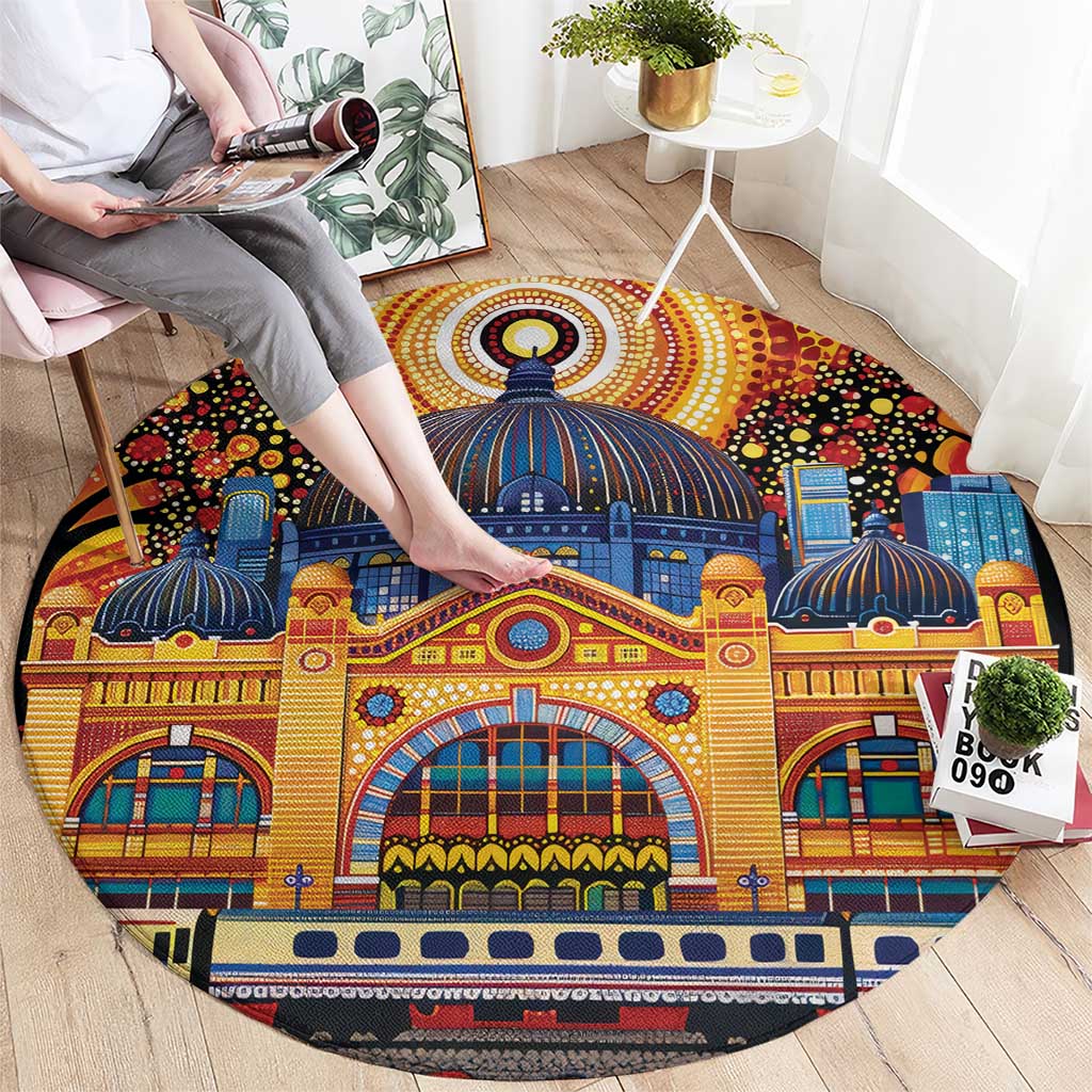 Australian Flinders Street Railway Station Round Carpet Aboriginal Dot Painting