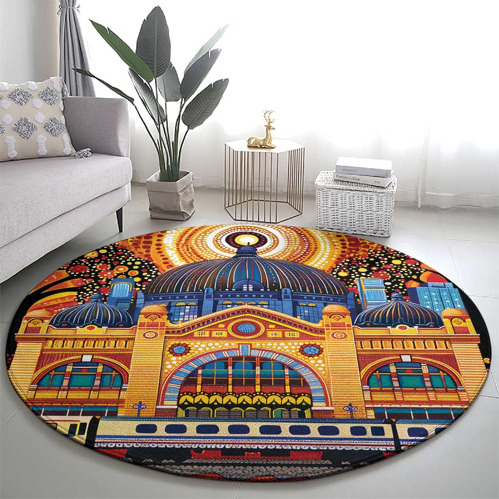 Australian Flinders Street Railway Station Round Carpet Aboriginal Dot Painting
