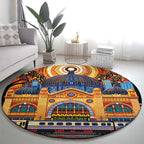 Australian Flinders Street Railway Station Round Carpet Aboriginal Dot Painting