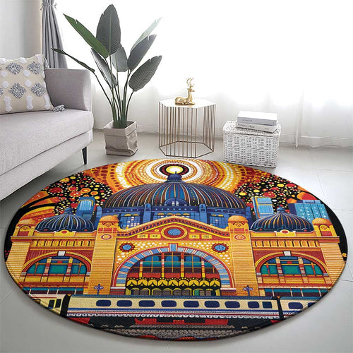 Australian Flinders Street Railway Station Round Carpet Aboriginal Dot Painting