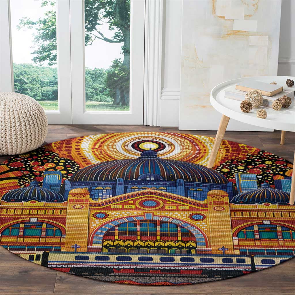 Australian Flinders Street Railway Station Round Carpet Aboriginal Dot Painting