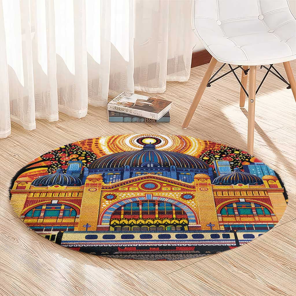 Australian Flinders Street Railway Station Round Carpet Aboriginal Dot Painting