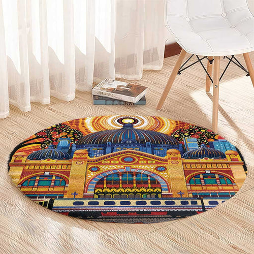 Australian Flinders Street Railway Station Round Carpet Aboriginal Dot Painting