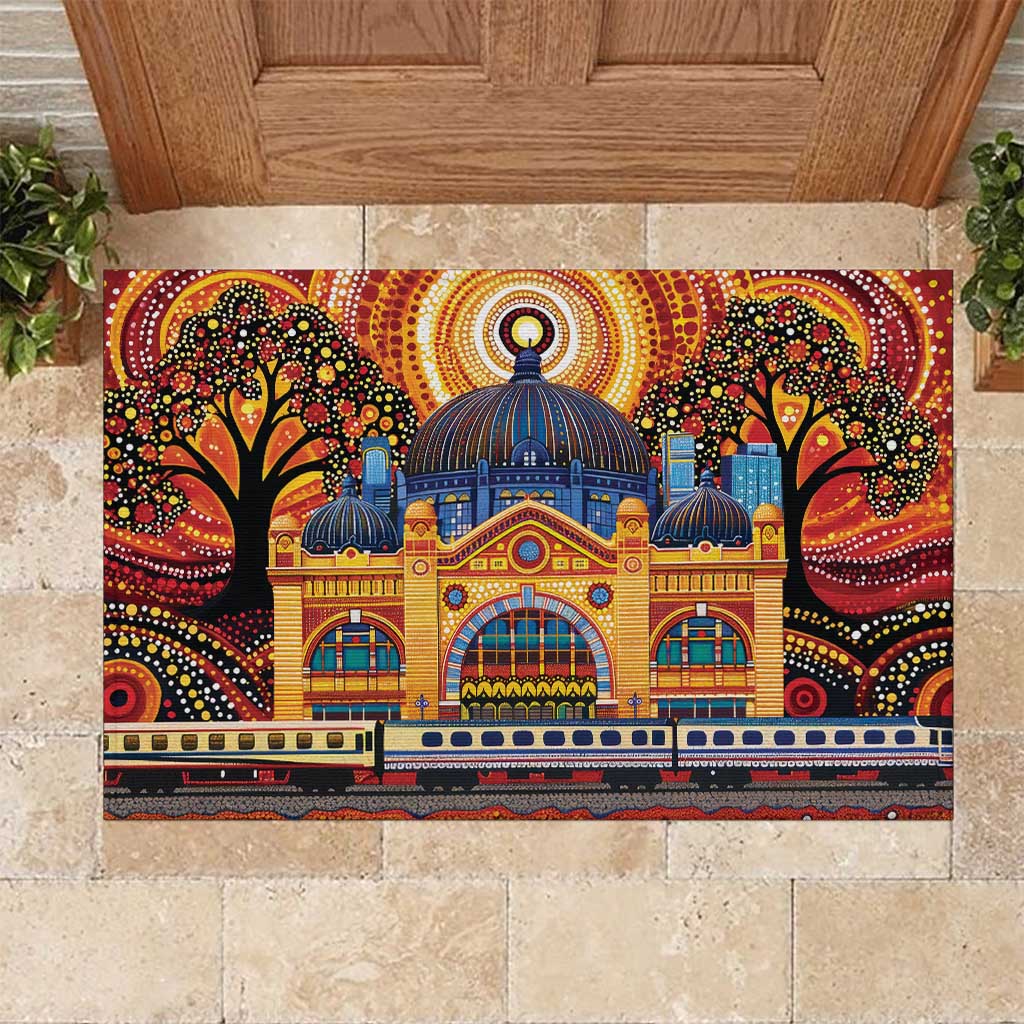 Australian Flinders Street Railway Station Rubber Doormat Aboriginal Dot Painting