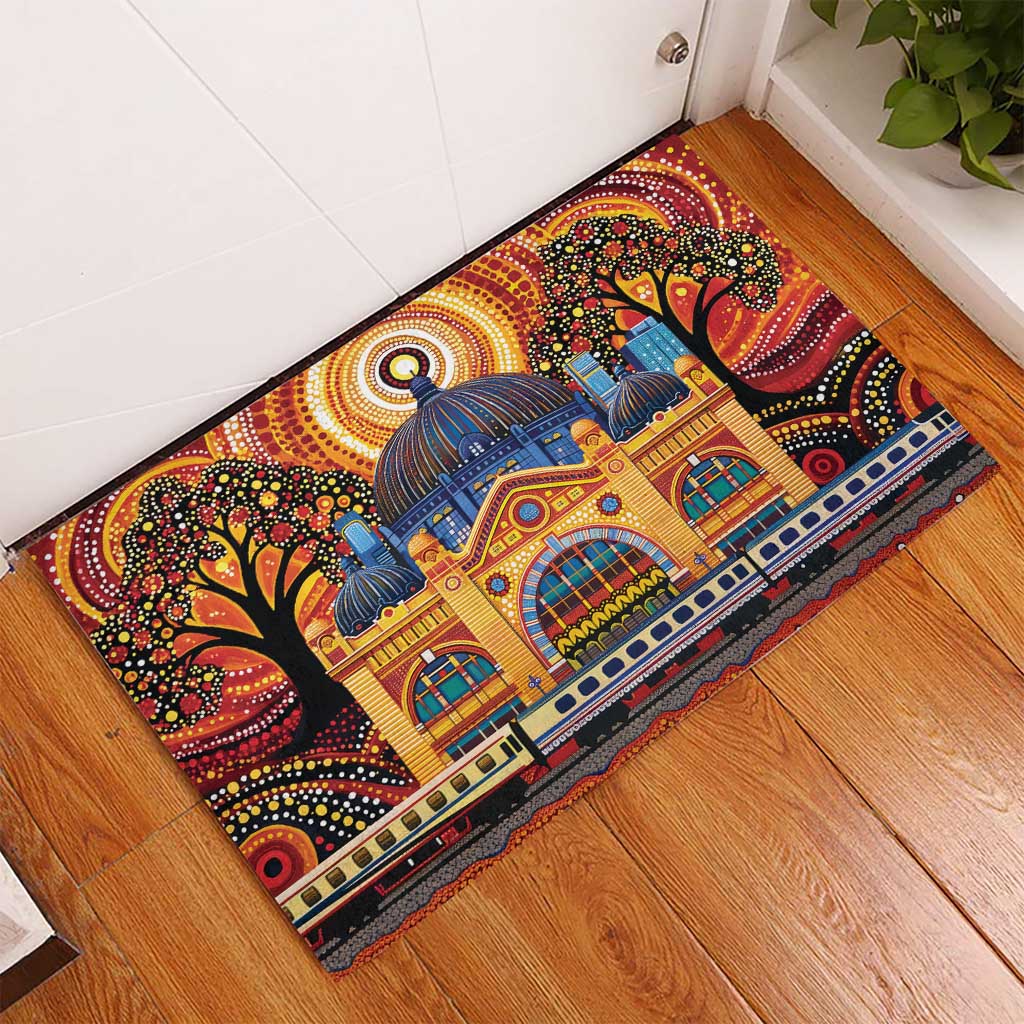 Australian Flinders Street Railway Station Rubber Doormat Aboriginal Dot Painting
