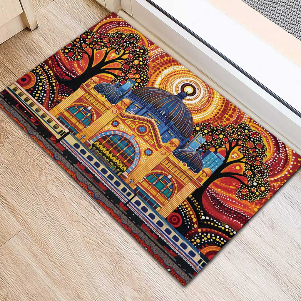 Australian Flinders Street Railway Station Rubber Doormat Aboriginal Dot Painting