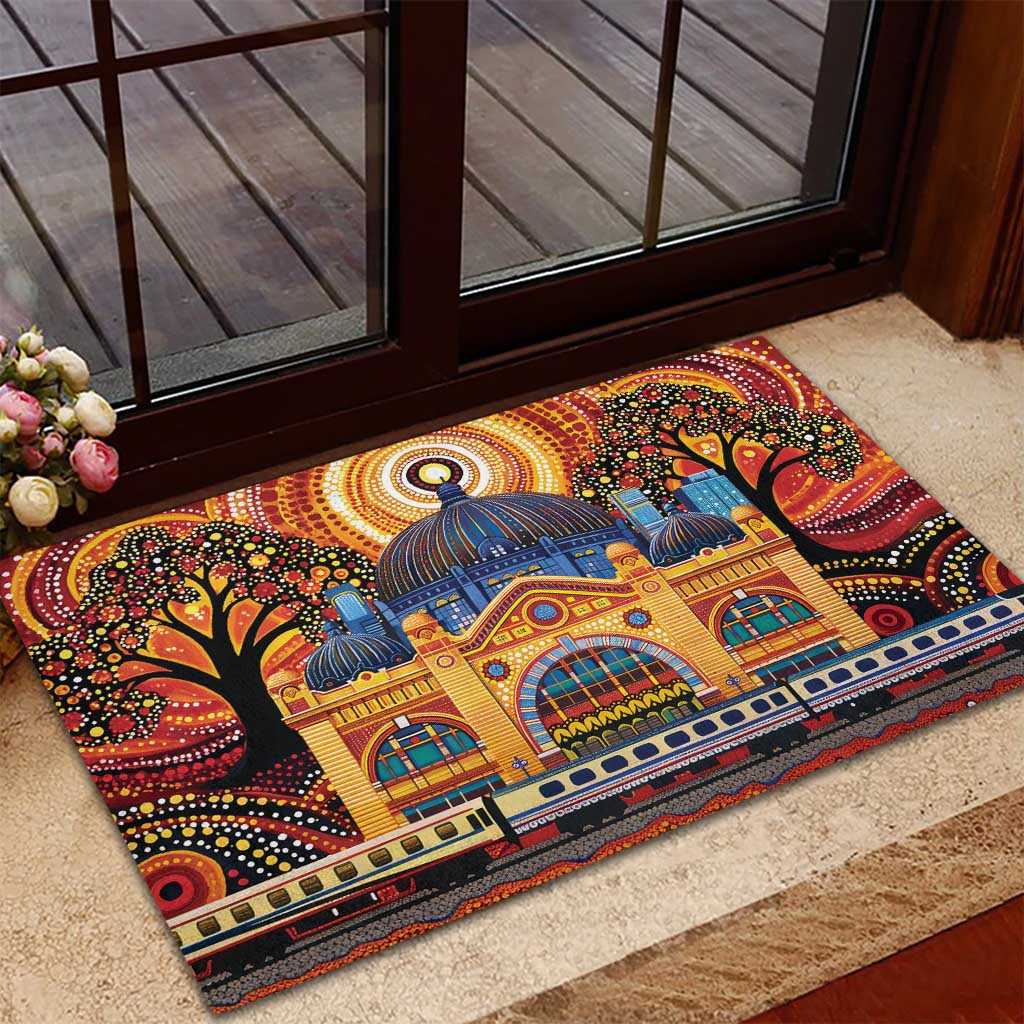 Australian Flinders Street Railway Station Rubber Doormat Aboriginal Dot Painting