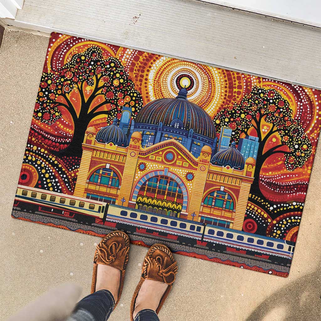 Australian Flinders Street Railway Station Rubber Doormat Aboriginal Dot Painting