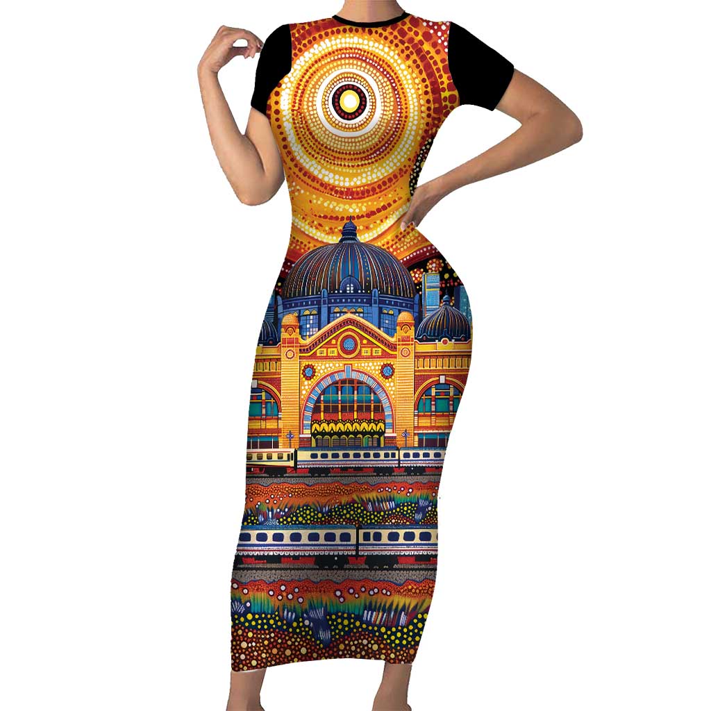 Australian Flinders Street Railway Station Short Sleeve Bodycon Dress Aboriginal Dot Painting