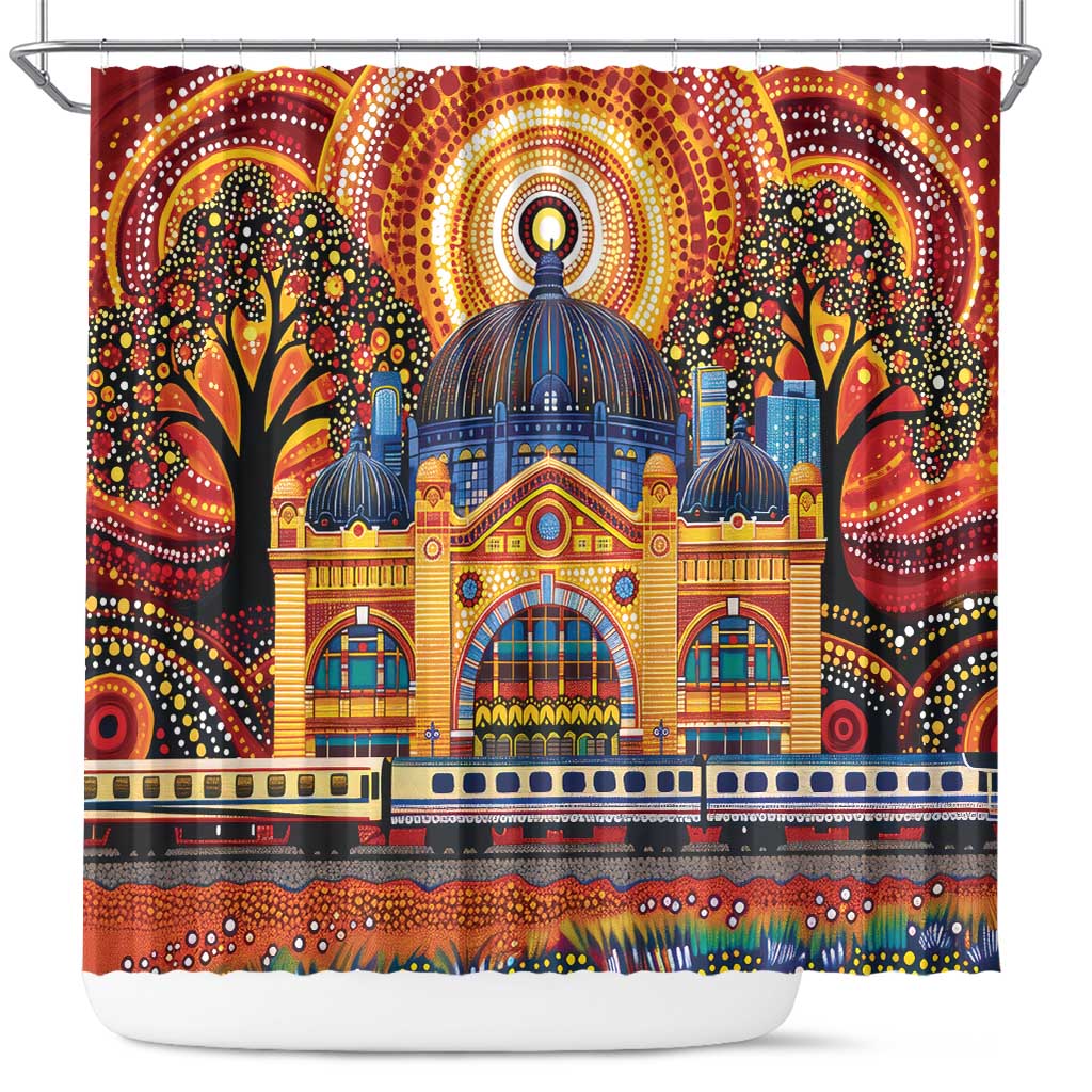 Australian Flinders Street Railway Station Shower Curtain Aboriginal Dot Painting