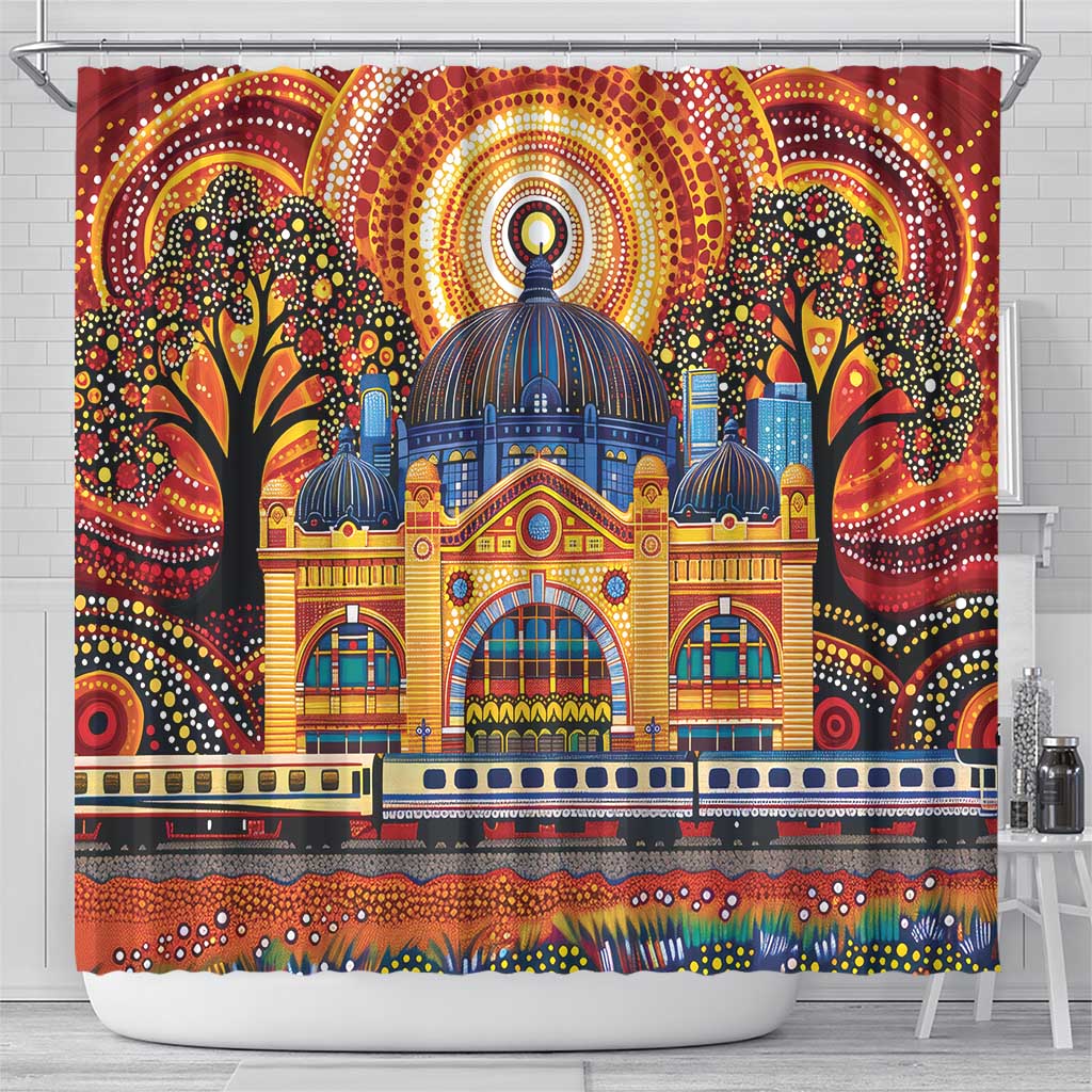 Australian Flinders Street Railway Station Shower Curtain Aboriginal Dot Painting