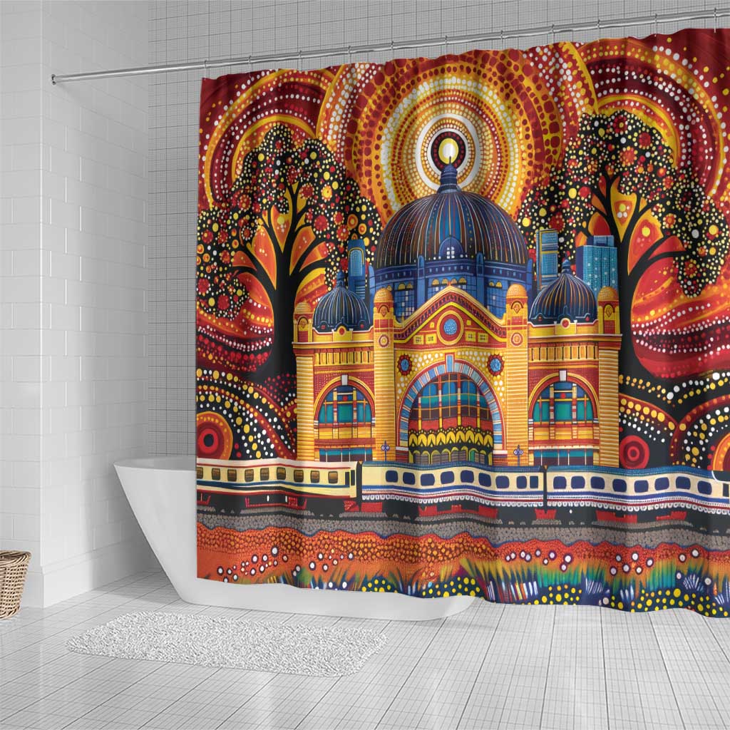 Australian Flinders Street Railway Station Shower Curtain Aboriginal Dot Painting