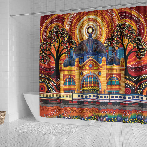 Australian Flinders Street Railway Station Shower Curtain Aboriginal Dot Painting