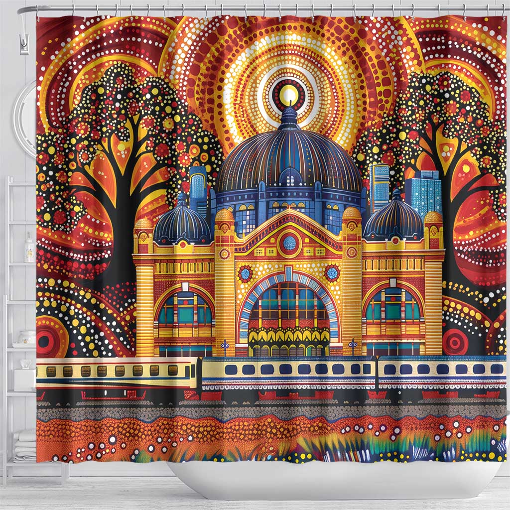 Australian Flinders Street Railway Station Shower Curtain Aboriginal Dot Painting