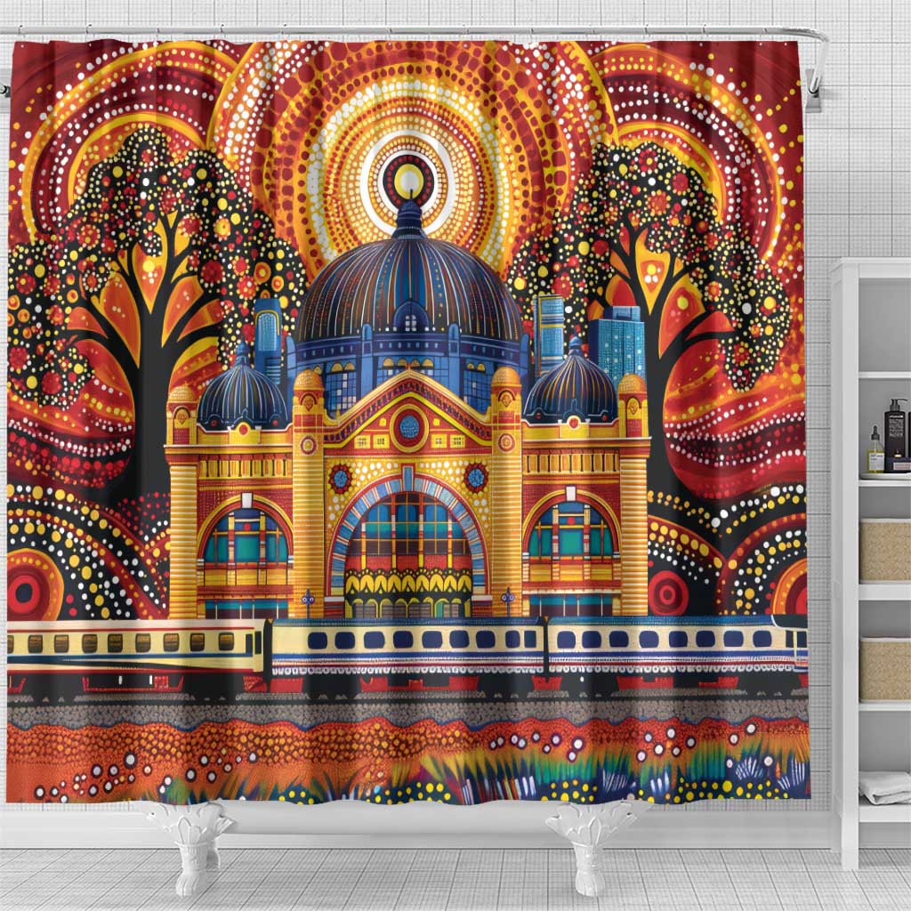 Australian Flinders Street Railway Station Shower Curtain Aboriginal Dot Painting