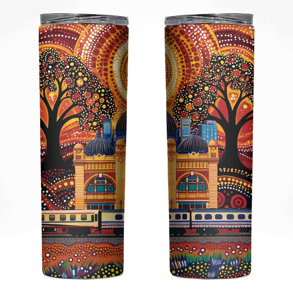 Australian Flinders Street Railway Station Skinny Tumbler Aboriginal Dot Painting