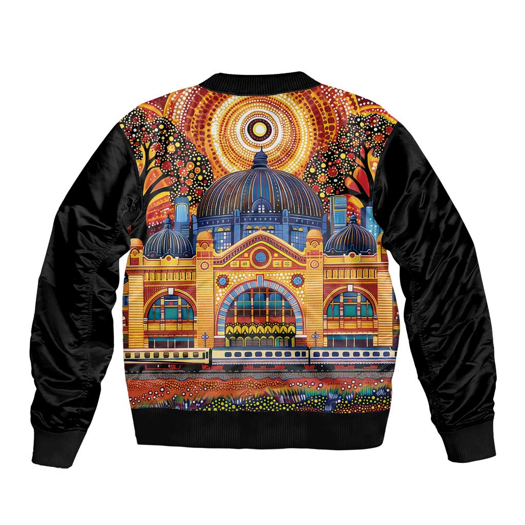 Australian Flinders Street Railway Station Sleeve Zip Bomber Jacket Aboriginal Dot Painting