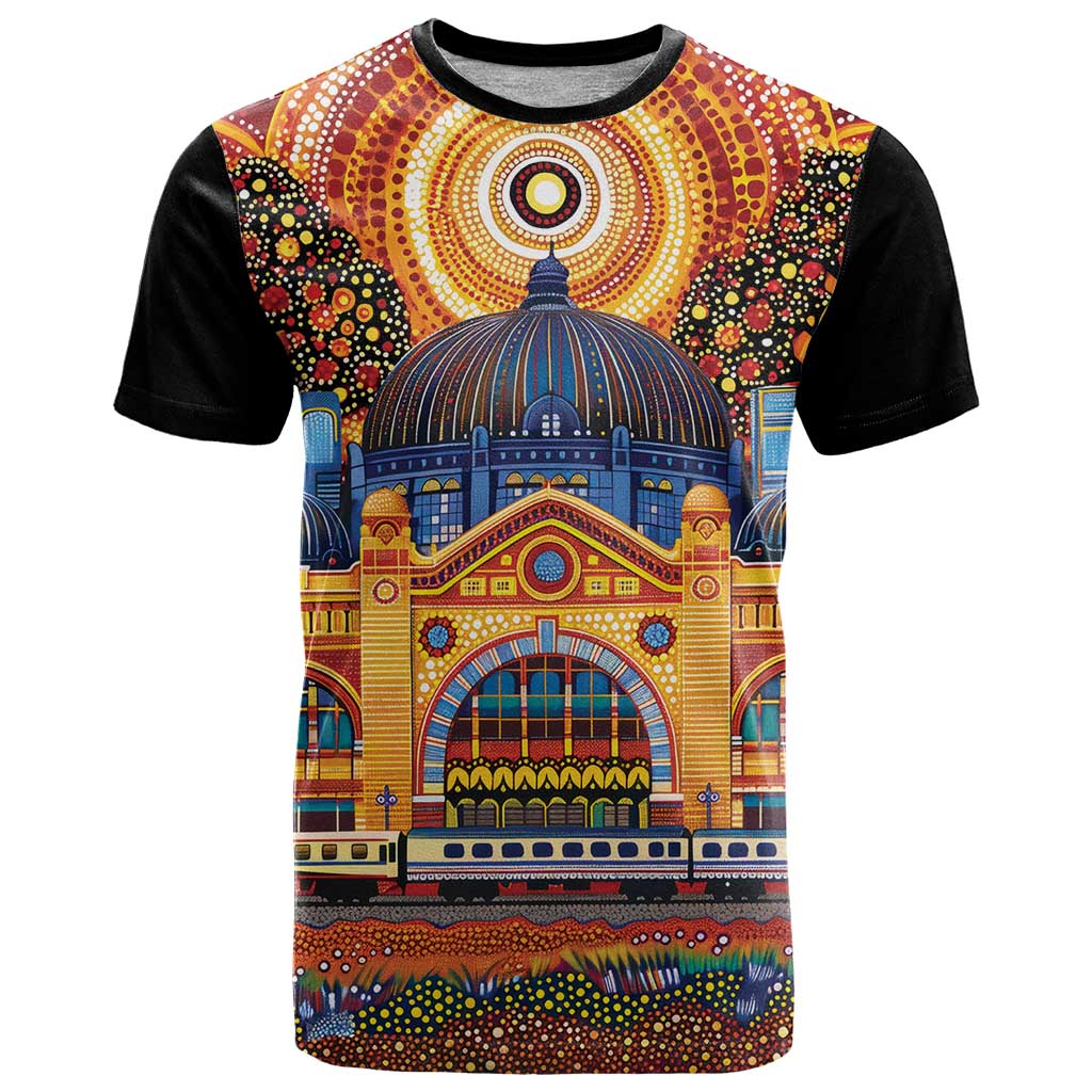 Australian Flinders Street Railway Station T Shirt Aboriginal Dot Painting