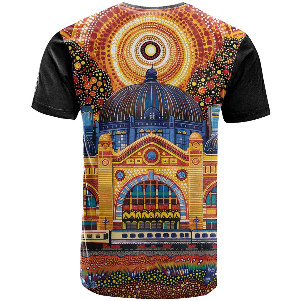 Australian Flinders Street Railway Station T Shirt Aboriginal Dot Painting
