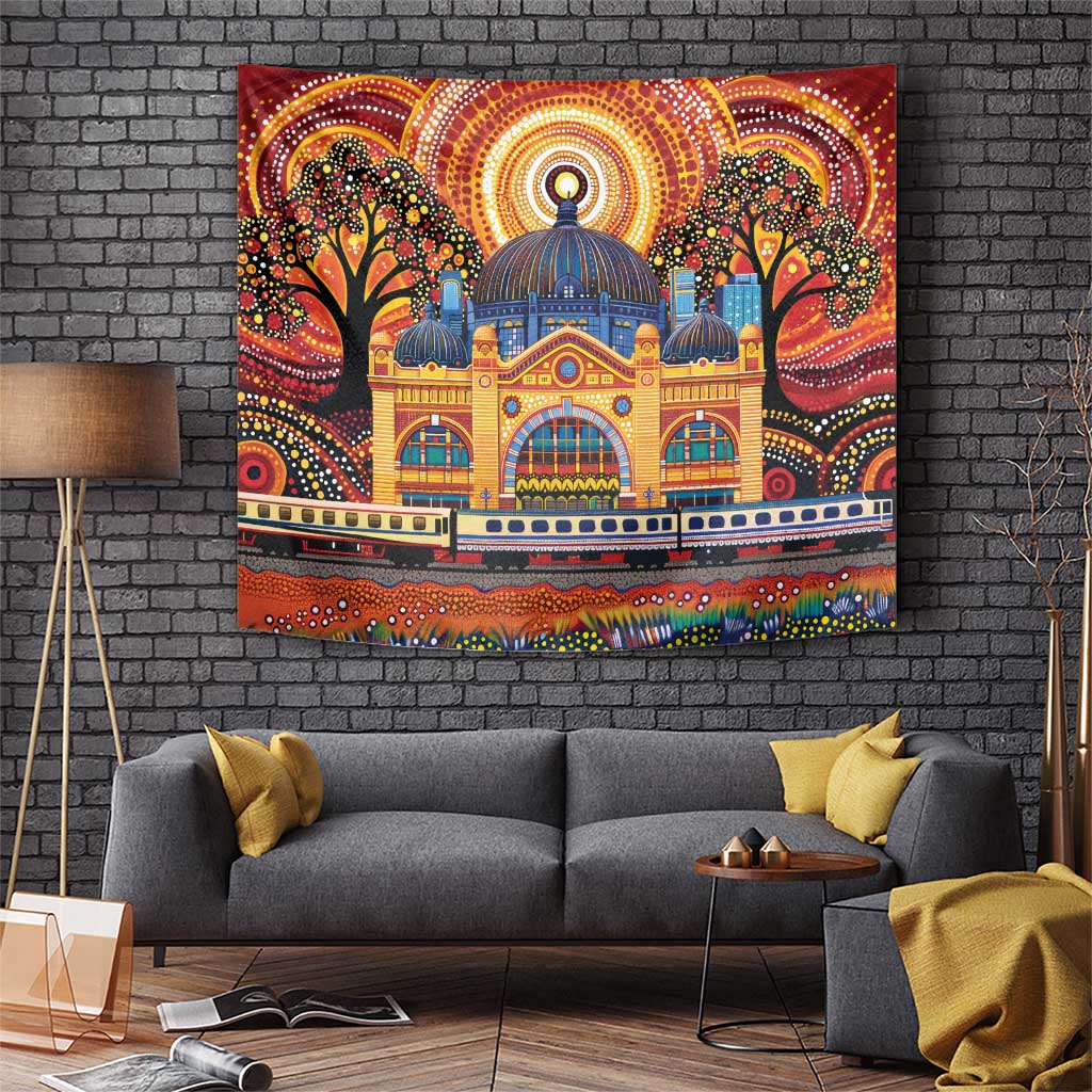 Australian Flinders Street Railway Station Tapestry Aboriginal Dot Painting