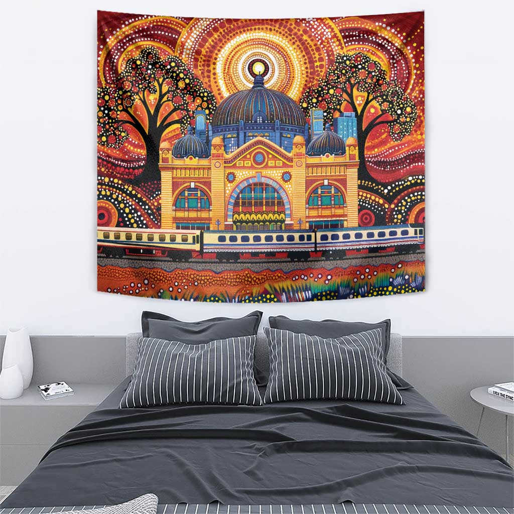Australian Flinders Street Railway Station Tapestry Aboriginal Dot Painting