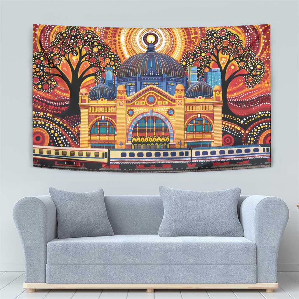 Australian Flinders Street Railway Station Tapestry Aboriginal Dot Painting