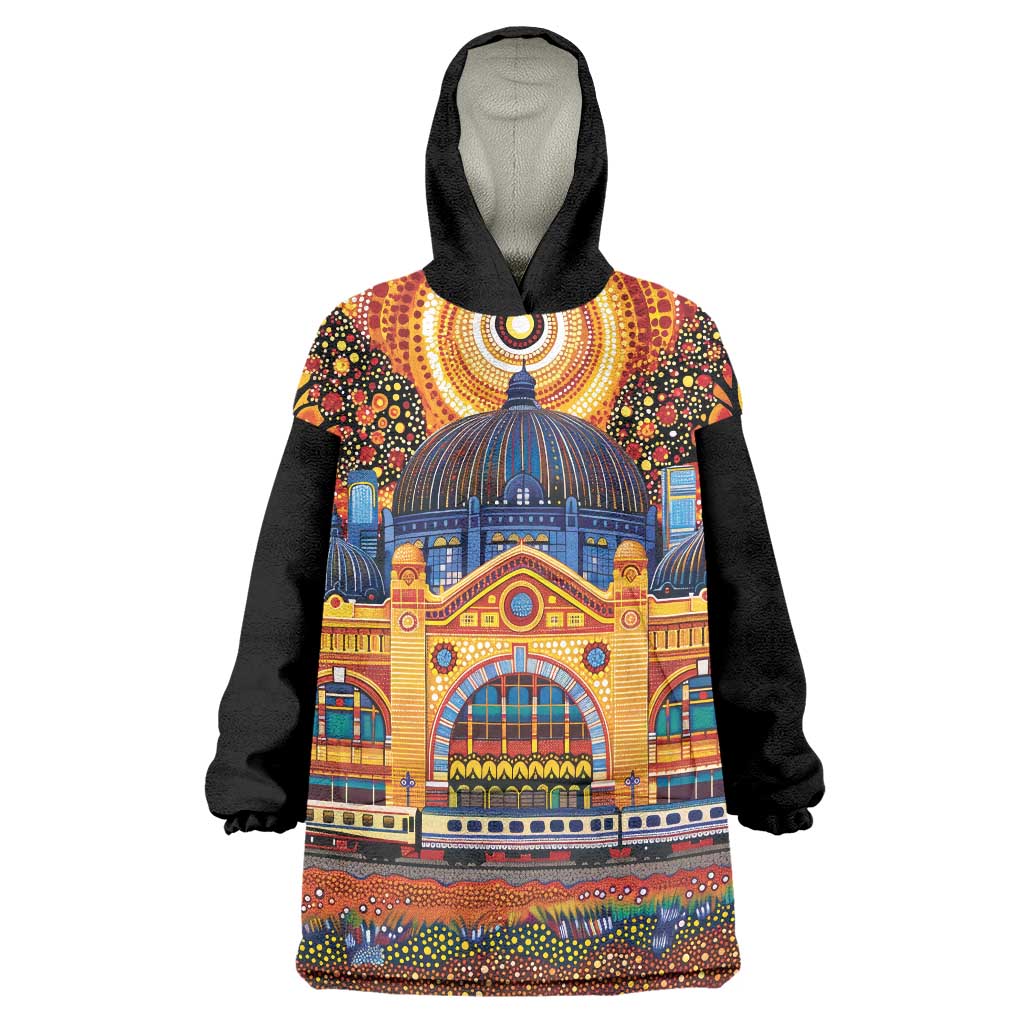Australian Flinders Street Railway Station Wearable Blanket Hoodie Aboriginal Dot Painting
