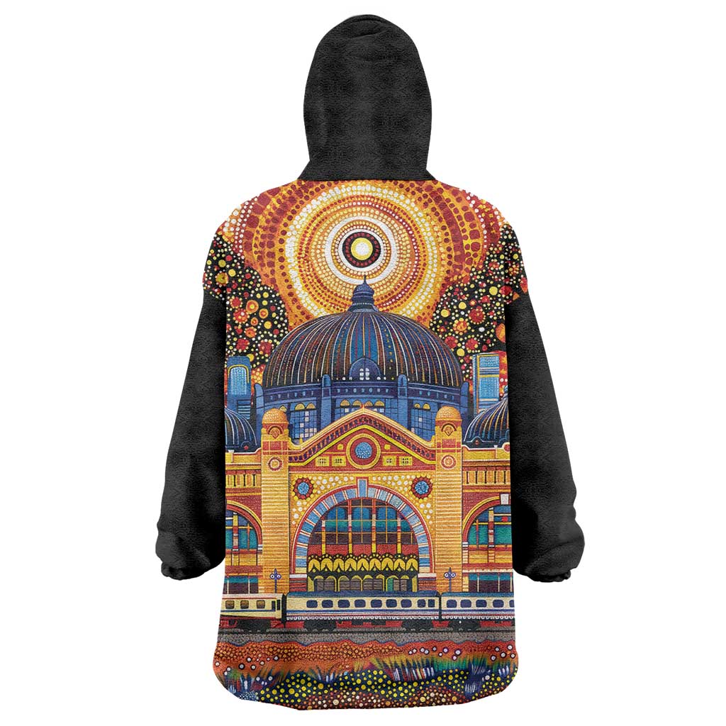 Australian Flinders Street Railway Station Wearable Blanket Hoodie Aboriginal Dot Painting