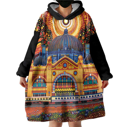 Australian Flinders Street Railway Station Wearable Blanket Hoodie Aboriginal Dot Painting
