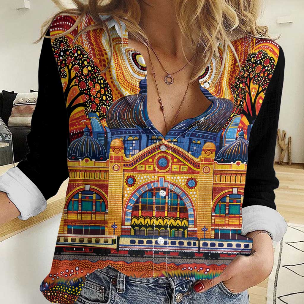 Australian Flinders Street Railway Station Women Casual Shirt Aboriginal Dot Painting