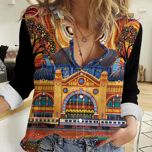 Australian Flinders Street Railway Station Women Casual Shirt Aboriginal Dot Painting