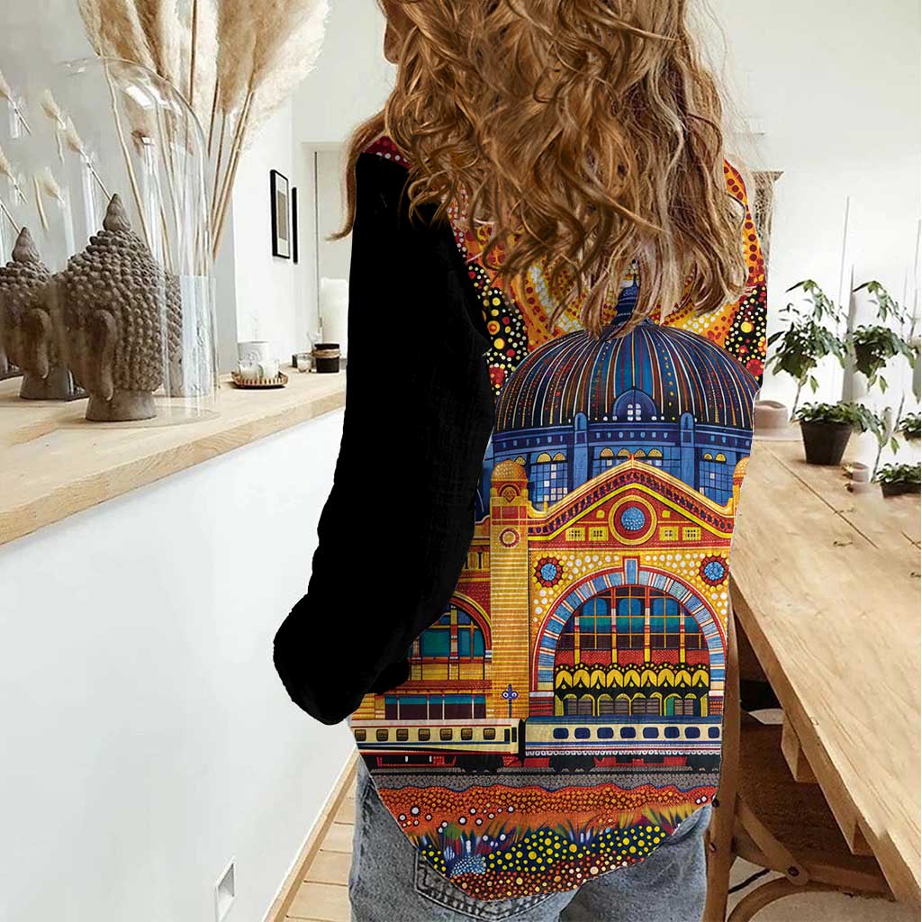 Australian Flinders Street Railway Station Women Casual Shirt Aboriginal Dot Painting