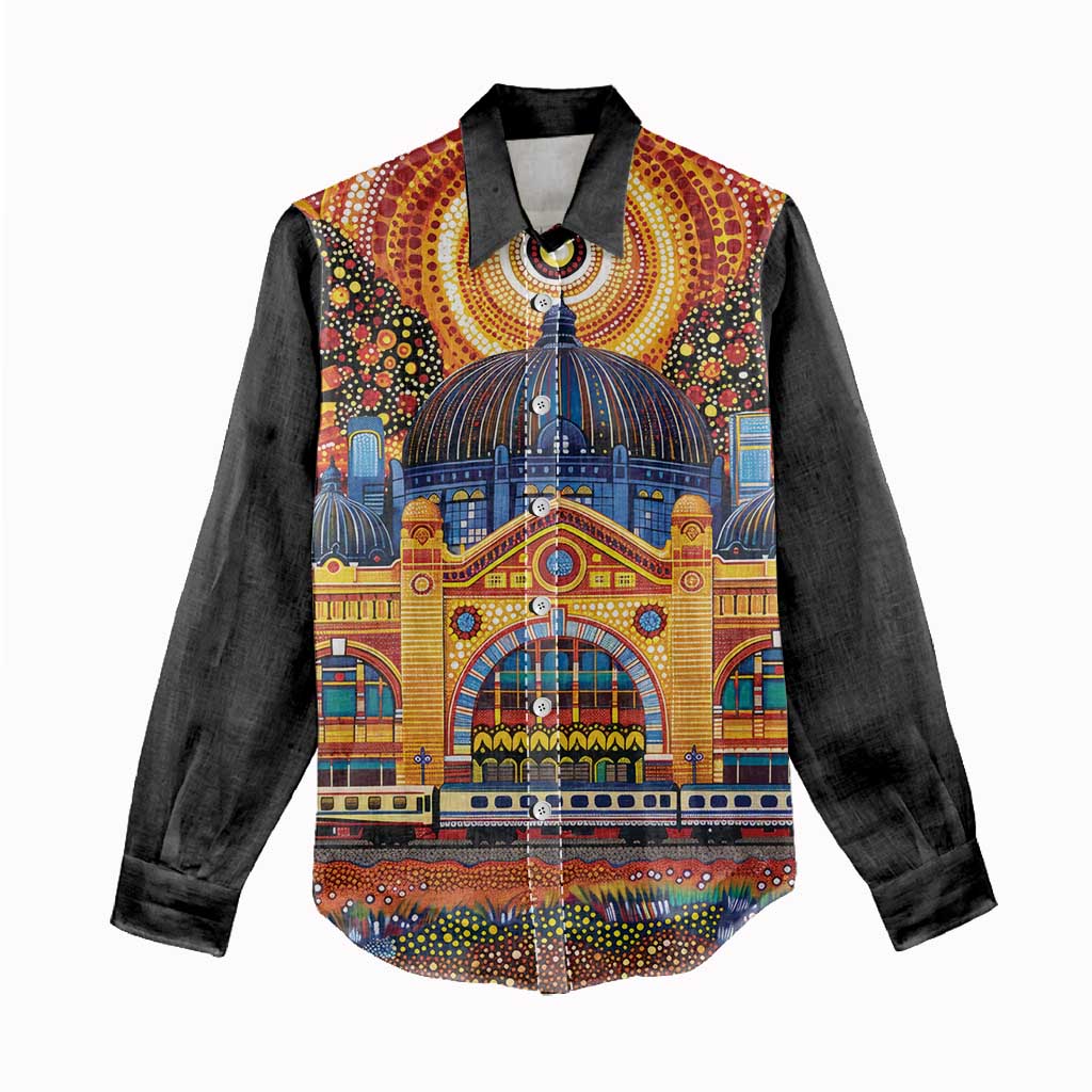 Australian Flinders Street Railway Station Women Casual Shirt Aboriginal Dot Painting