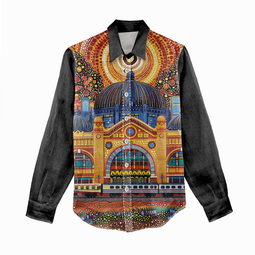 Australian Flinders Street Railway Station Women Casual Shirt Aboriginal Dot Painting