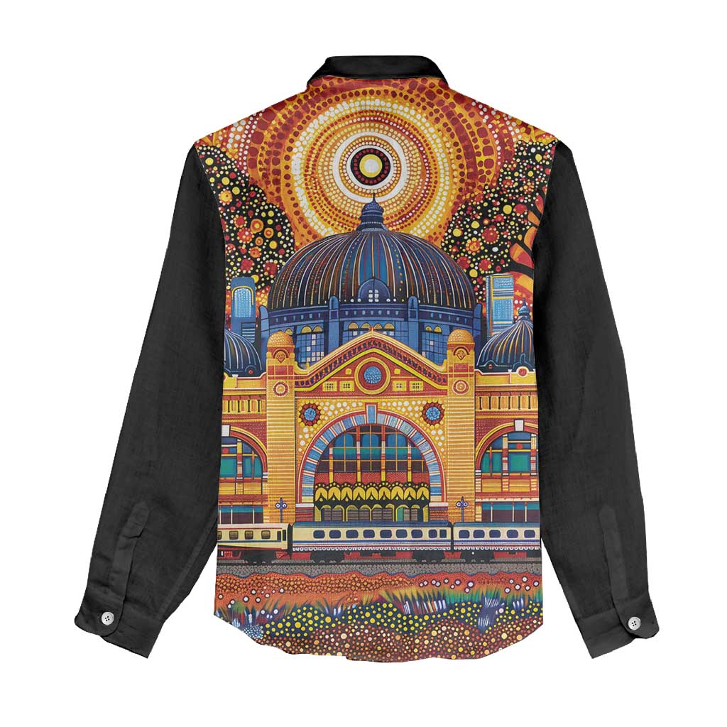 Australian Flinders Street Railway Station Women Casual Shirt Aboriginal Dot Painting